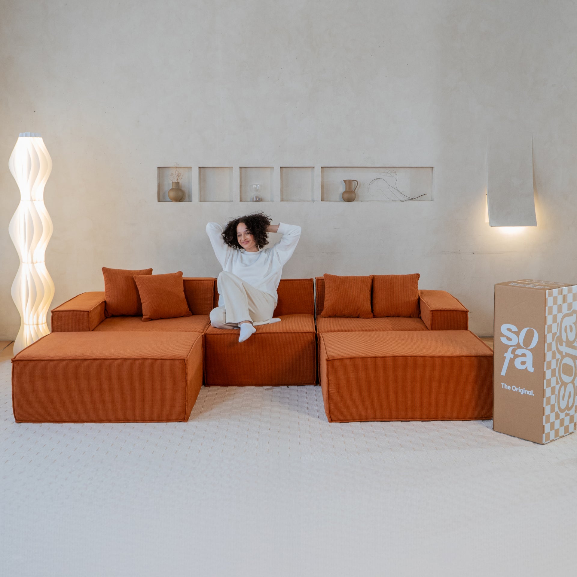 The growing sofa Pelion 3 seats + 2 chaises in Boucle - Orange