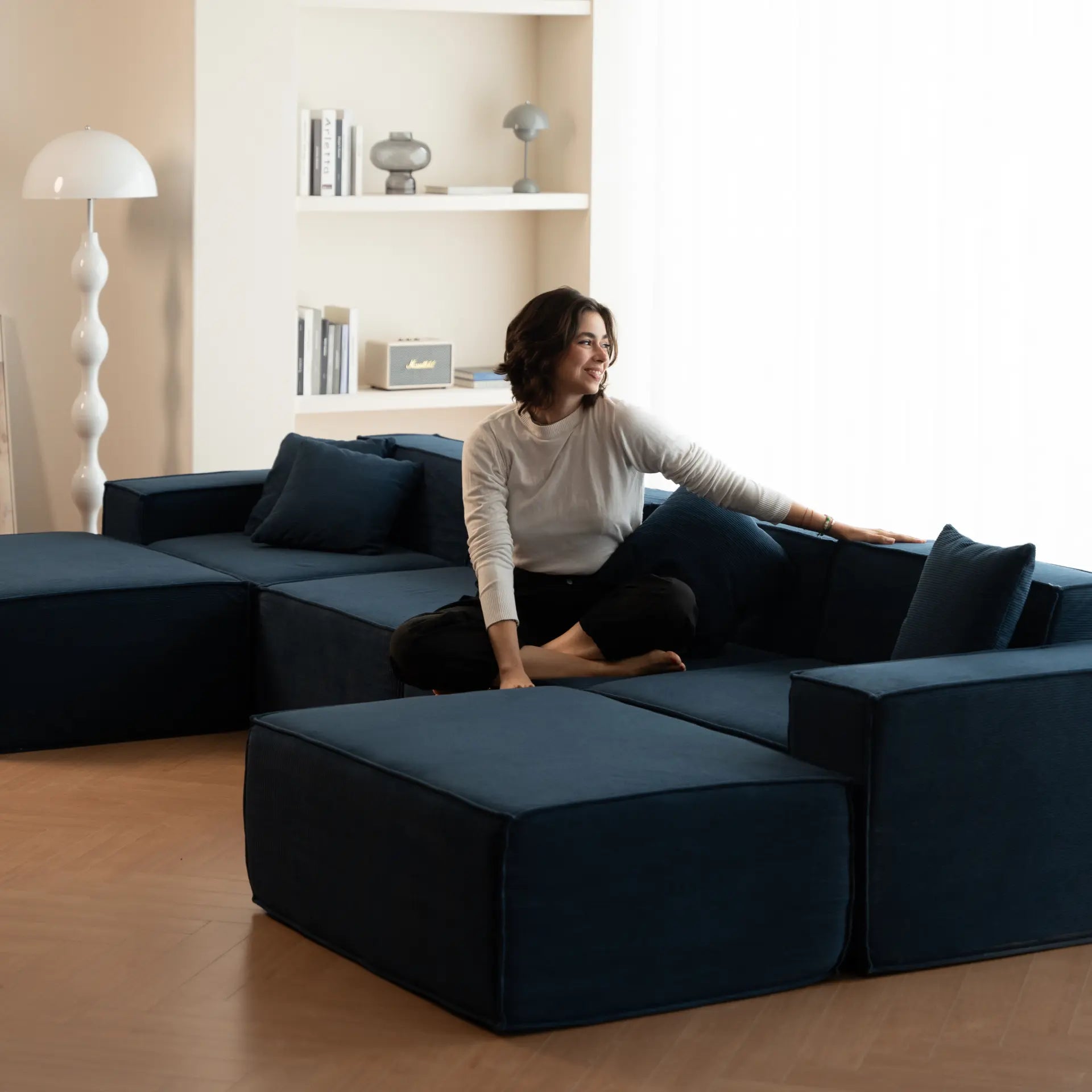 The growing sofa Pelion 3 seats + 2 chaises in Boucle - Blue